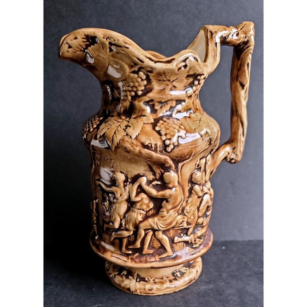 Vintage Ceramic Bacchus Relief Pitcher Figures Dancing‎ Scene Majolica Signed